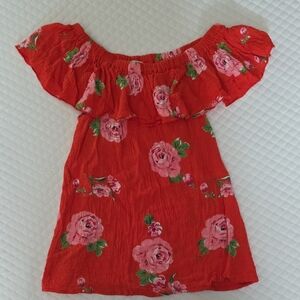 Chenault Red and Pink Floral Off-Shoulder Girls Shirt